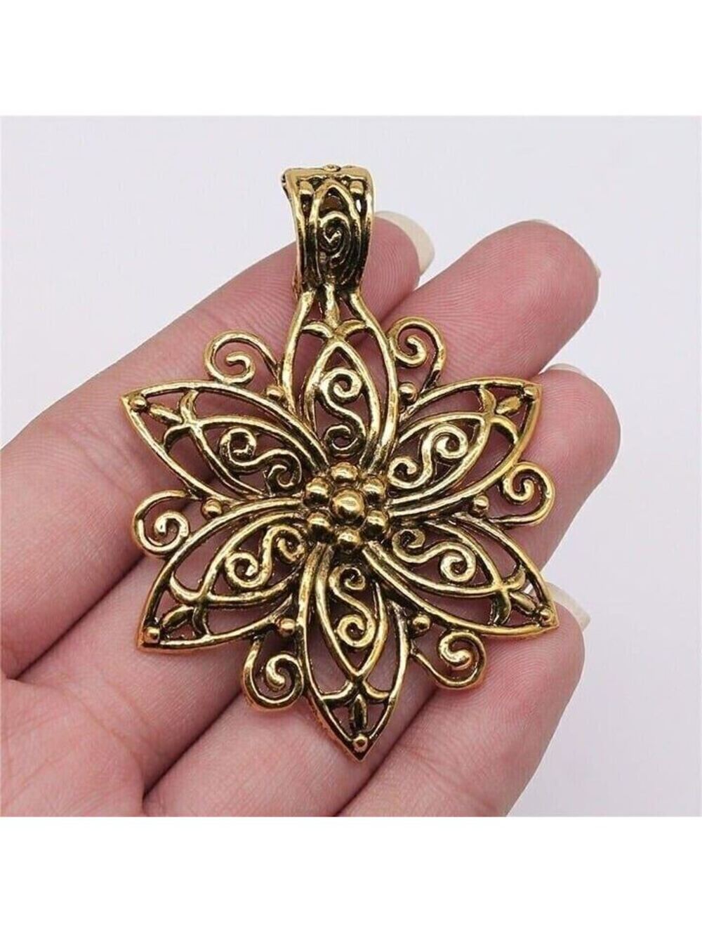 Art Nouveau Antiqued Gold Plated Filigree Flower Big Pendant with Slide Bail